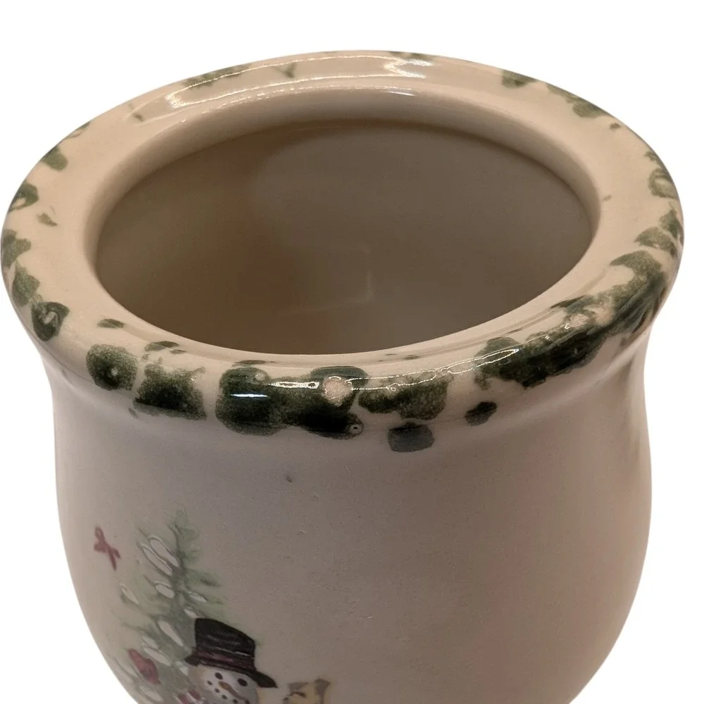 Vintage Sugar Bowl‎ with Lid We Can Build a Snowman Green Sponge Painting SEE
